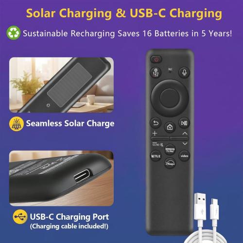 Rechargeable Voice Remote for Samsung Smart TVs, Replacement for 2019–2026 Samsung TV Remote Control. USB-C & Solar Charging. Voice Search. 2-Year Warranty.
