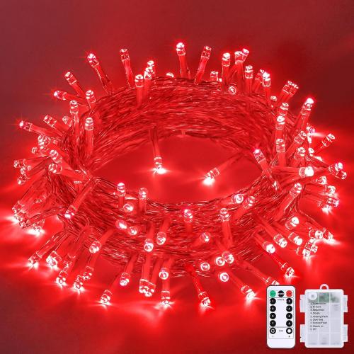 JMEXSUSS 33ft 100 LED Red Battery Operated Lights with Remote, Valentine Lights Battery Operated, Christmas String Light Indoor Outdoor for Valentine's Day Tree House Yard Xmas Decor