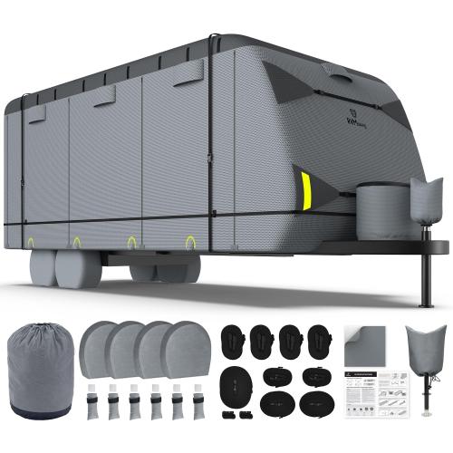 RVMasking Travel Trailer RV Cover 31-34ft, 7 Layers Extra-Thick Camper Cover Waterproof Windproof for Toy Hauler with 4 Tire Covers & Tongue Jack Cover & Propane Tank Cover, Dark Gray