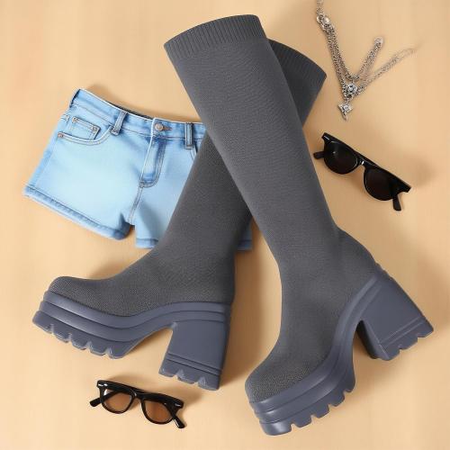 SIZE 7.5 CELNEPHO Women Knee High Boots Knit Sock Chunky Heel Platform Tall Boots