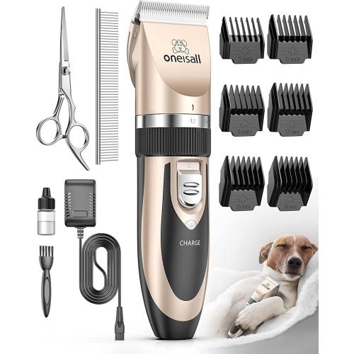 oneisall Dog Clipper Low Noise, Dog Grooming Kit with Rechargeable, Pet Shaver Cordless Electric Quiet Hair Clipper Set for Dogs Cats Pets（Gold）