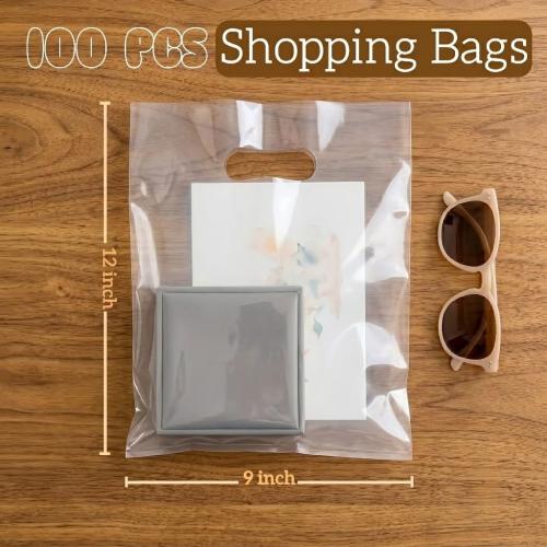 100 Pcs Plastic Bags With Handles 9x12, Clear Gift Bags Shopping Merchandise bags for Small Business Retail Stores Gifts (Yellow)