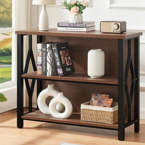 Size 35.43W x 12.6D x 30.9H.HOMISSUE Bookshelf, 3-Tier Rustic Short Bookshelf, Industrial Shelf Bookcase with Engineered Wood Shelves, Low Bookcase with Storage, Small Shelf for Living Room, Bedroom and Office, Rustic Brown