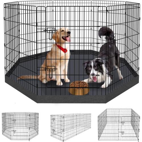Peekaboo Dog Pen Pet Playpen Dog Fence Indoor Foldable Metal Wire Exercise Puppy Play Yard Pet Enclosure Indoor Outdoor 8 Panels 36 Inch with Bottom Pad/Top Cover(Black 36 Bottom Cover)