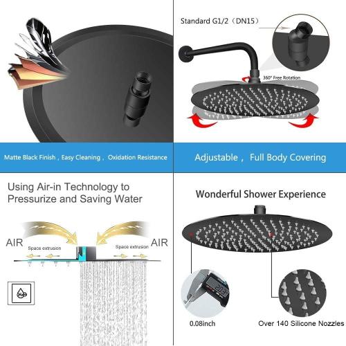 NearMoon Rain Shower Head, Ultra-Thin Design-Pressure Boosting, Awesome Some Experience, High Flow Stainless Steel Rainfall Head (12 Inch, Matte Black)