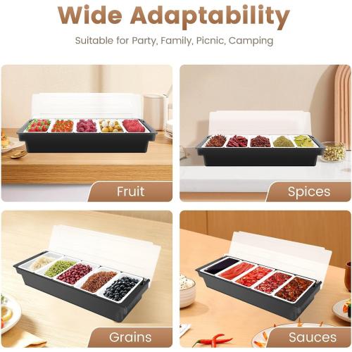 5 Compartment Condiment Serving Container, Fruit, Veggie & Condiment Caddy with Lid, Plastic Dispenser Tray Garnish Station for Bartending & Serving Taco, Ice Cream, Salad Bar, Black   White