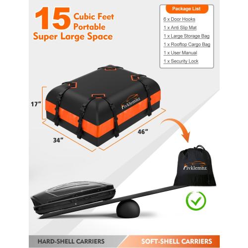 FIVKLEMNZ Car Rooftop Cargo Carrier Roof Bag Waterproof for All Top of Vehicle with/Without Rack Includes Topper Anti-Slip Mat   Reinforced Straps   6 Door Hooks   Luggage Lock