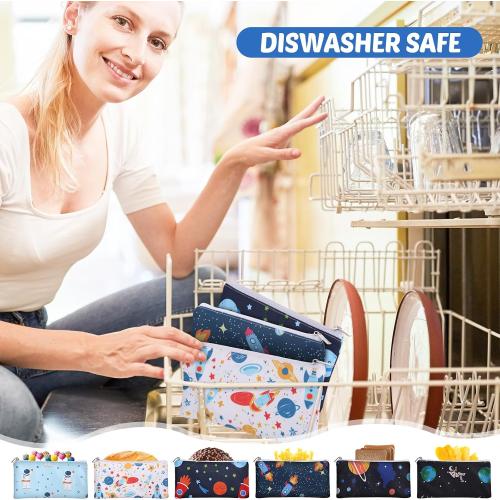 Chumia 6 Pack Reusable Snack Bags for Kids, Washable Sandwich & Food Storage Pouches, Dual-layer Silicone Lined Lunch Bags with Zipper for School & Travel(Astronaut,6.9 x 3.7 Inches)