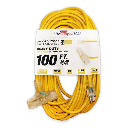 12/3 100 ft. SJT Wire Gauge 3-Outlet Tri-Source Indoor Outdoor Vinyl Lighted Electric Extension Cord