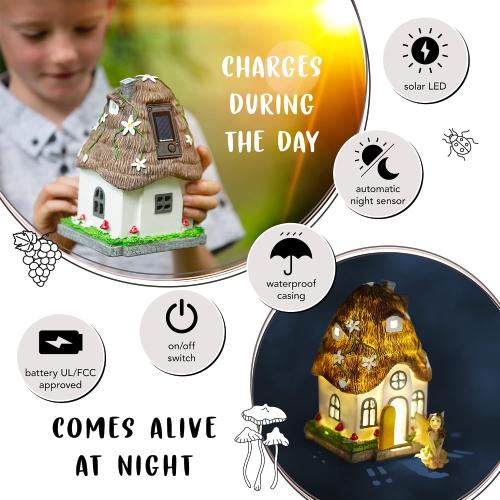 WILD PIXY Fairy Garden House - Glow in The Dark Fairy Cottage with Opening Door and Solar LED Light, Beautiful Miniature Garden Decoration for Indoor or Outdoor Fairy Gardens - 7.1 Fairy House
