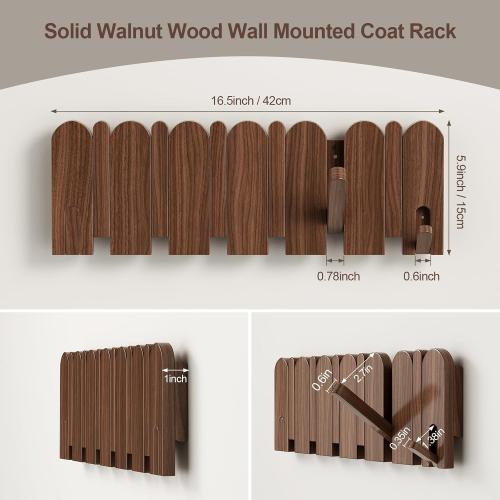 Solid Walnut Coat Rack Wall Mount 16.5,Wall Mounted Coat Rack with 8 Hooks