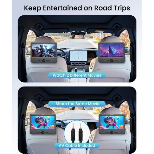 WONNIE 10 Car DVD Players, Portable DVD Player Dual Screen Play the Same or Two Different Movies with 5 Hours Rechargeable Battery, 2 AC Adapters, Headrest Mounts, All Regions, Support USB/SD/Sync TV