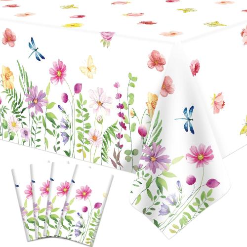 4 Pack SPring Floral Tablecloth Wild Flowers Table Cloth Plastic Spring Floral Table Cloth Flower Disposable Table Cover for Flower Wedding, Babyshower, Birthday Party Decorations 51 x 86 Inches