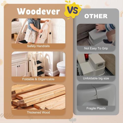 Toddler Step Stool, Wooden Foldable 3-Step Stool for Kids, Potty Training Stool with Handles and Non-Slip Strips for Bathroom Sink, Kitchen, Bedroom