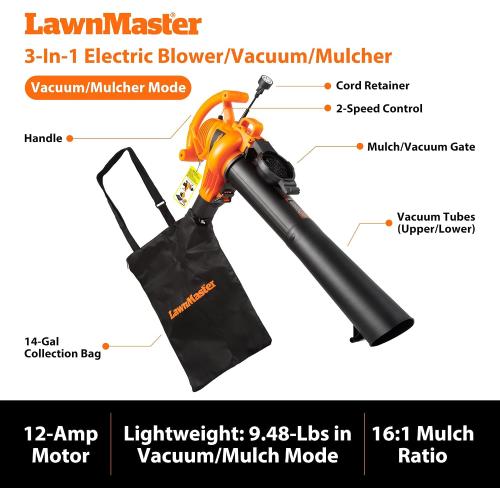 LawnMaster BV1210 Electric Blower Vacuum Mulcher 12 Amp 2-Speed Adjustment with Metal Impeller 240 MPH 380 CFM 16:1 Mulch Ratio with Collection Bag