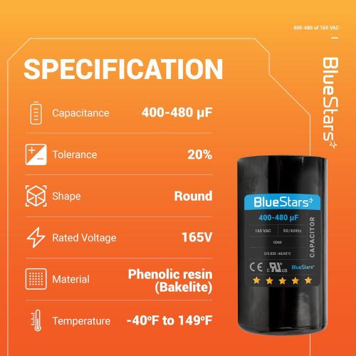 [UL Listed] BlueStars 400-480 uF MFD 165 VAC Universal CD60 Round Motor Start Capacitor 50/60 Hz - Replacement Part for AC Electric Motor Operation - Lifetime Up to 30.000 Hours