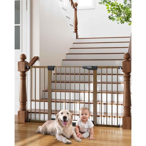 Cumbor 29.7-54.2 Wide Baby Gate for Stairs, Mom's Choice Awards Winner-Self Closing Dog Gate Indoor for Doorways, No Drilling Pressure Mounted Pet Gates for Kids, Easy Walk Through Safety Gate, Brown