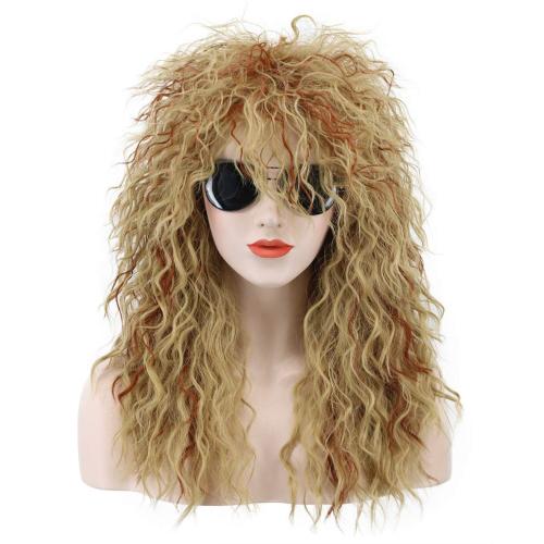 karlery Men Women Long Curly Orange Mix Blonde 70s Heavy Metal Rocker Mullet Wig 80s Costume Anime Wig