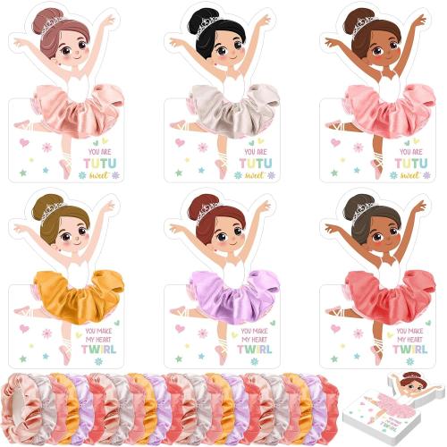 54 Sets Valentines Day Gifts for Kids Ballerina Cards with Hair Scrunchies Bulk Valentines Exchange Gifts for Classroom Ballet Recital Gift for Goodie Bag Stuffers Birthday Party Favors(Tutu)