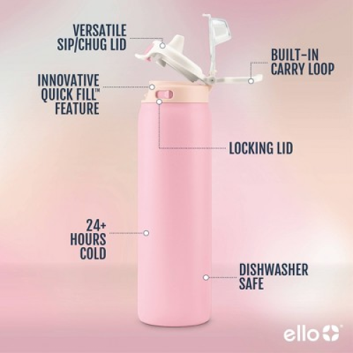 Ello Pop and Fill 22oz Stainless Steel Water Bottle Sorbet Pink ‼️mild stains on the outside and inside and lid is broken‼️