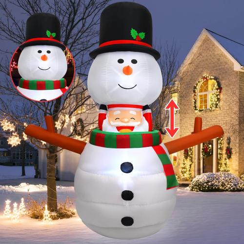 6FT Christmas Inflatable Outdoor Decorations Animated Snowman Santa Claus Pop Up Xmas Blow Ups Holiday Yard Decor with LED Lights Winter Lighted Snow Man Blowup for Outside Indoor Party Lawn Garden