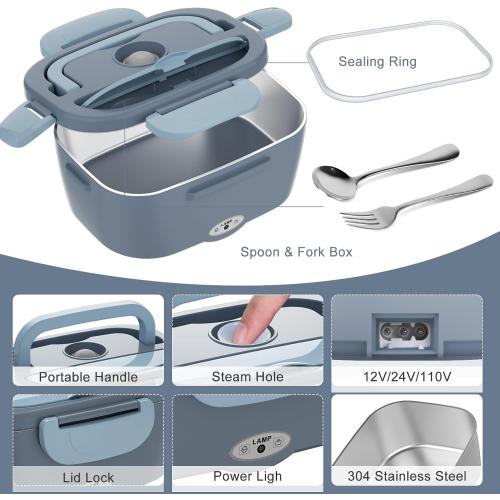 Carsolt Electric Lunch Box Food Heater - 3 in 1 Portable Leakproof Heated Lunch Box for Car/Home/Adults with 1.5L Removable 304 Stainless Steel Container, 60-80W, 12V/24V/110V (Blue)