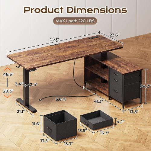 PRAISUN 55.1'' L Standing Desk with Outlets, Cabinet with Shelves, Drawers