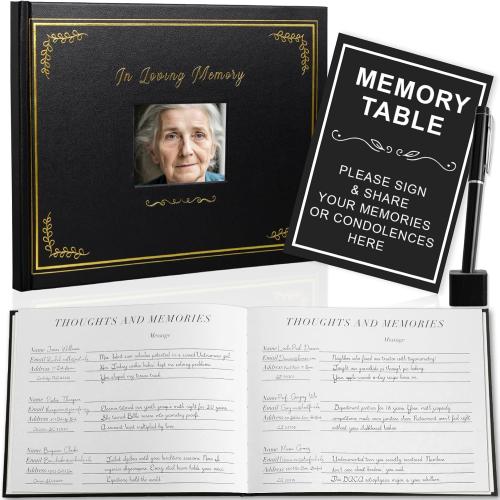 Funeral Guest Book for Memorial Service, Hardcover Funeral Sign in Book for Guests, Celebration of Life Decor with Pen and Sign, in Loving Memory Book Sympathy Gift Box-Black