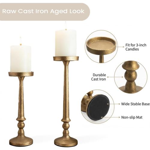 BANOMII Vintage Iron Pillar Candle Holders Set of 2, Antique Brass Gold