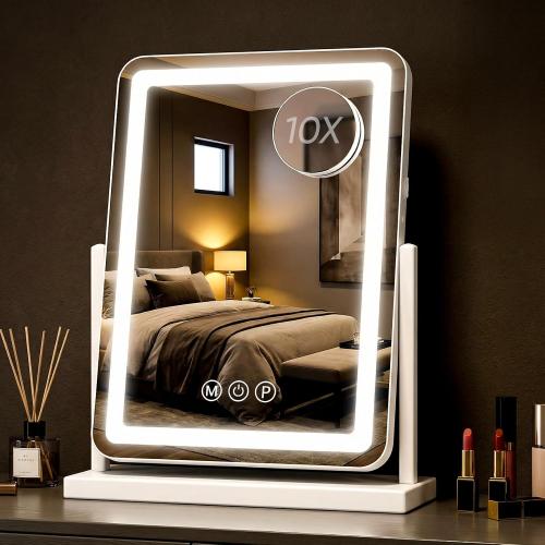 Antok Vanity Mirror with Lights, 14X18 Lighted Makeup Mirror, Smart Touch, 3 Color Modes and Brightness Adjustable, LED Vanity Mirror with Detachable 10X Magnification, 360° Rotation for Makeup Desk