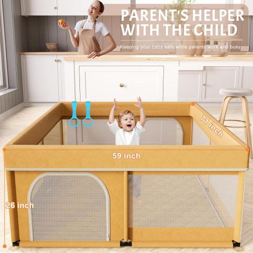 Omzer Baby Playpen with Mat 71×59 - Extra Large Playpen for Babies and Toddlers with Mat Included, Safety Playard for Baby with Gate, All-Wrapped Soft Sponge Baby Gate Playpen with Stable Mat Velcro