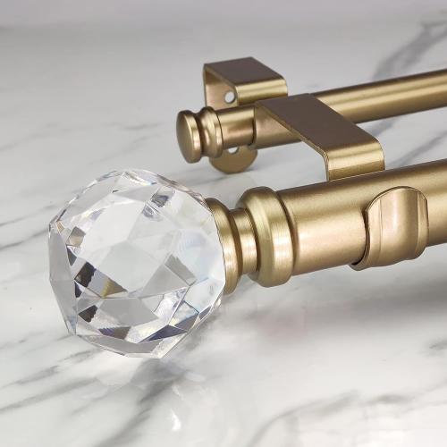 Double Curtain Rod Set:1-1/8 Inch Diameter Luxury Gold Curtain Rods,72-144 Inch Adjustable Gold Drapery Rod with Crystal-clear Faceted Finials for 1 Pack