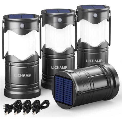 Lichamp 4-Pack Solar Camping Lantern, USB Rechargeable LED Lanterns Battery Powered Pop Up Flashlight Lamps with Three Modes Power for Power Outages Hurricane Supplies Emergency Indoor & Outdoor