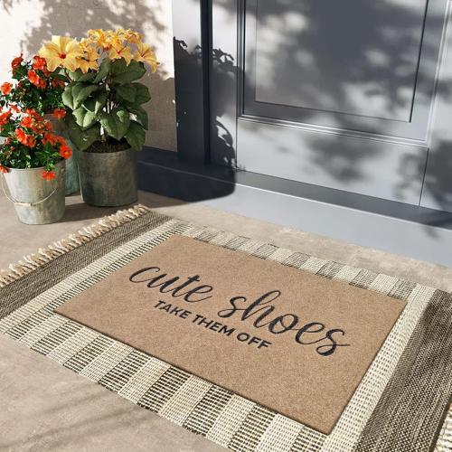 Welcome Mat for Front Door Outdoor Entryway Cute Shoes Take Them Off Indoor Mats with Rubber Backing Doormat Non Slip Easy to Clean Natural Outside Brown