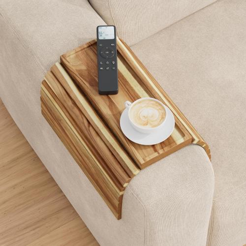 ZUJJAFY Sofa Arm Tray, Acacia Wood Folding Couch Armrest Table, Anti-Falling Armrest Tables Cup Holder for Snacks, Drinks, Beers, Phone, Control, Flexible and Portable, Anti-Slip Bottom