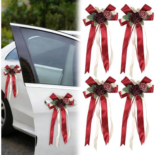 4PCS Wedding Car Door Handle Decorative Flowers, Burgundy Roses Artificial Flowers Bow Bouquet Just Married Automotive Decorations Accessories for Door Handles and Mirror(Burgundy)