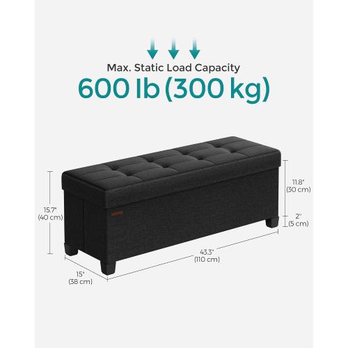 SONGMICS Storage Ottoman Bench, Foldable Foot Rest with Legs, 15 x 43 x 15.7 Inches, End of Bed Bench, Storage Chest, Load up to 660 lb, for Living Room, Bedroom, Entryway, Ink Black ULSF018B01