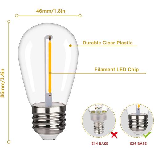 Shatterproof LED String Lights, Waterproof, Warm White 2200K, 70LM, E26 Base - 15 Pack