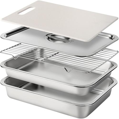Grill Prep and Carry System, Large Stainless Steel Food Prep Tray with Lid