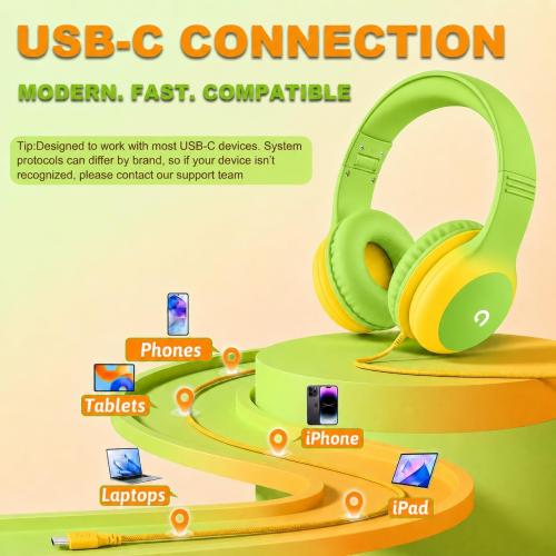 ADOOPE Wired Kids Headphones with USB C Plug, 85dB Safe Volume, Adjustable Headband, Tangle-Free Cord Headphones for School, Tablet, Travel (Lime Green & Orange, Without Microphone)