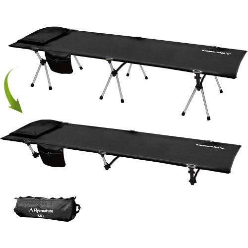 Ultra-Light Compact Camping Cot for Adults & Kids, Foldable Sleeping Design with 2-in-1 Height Adjustment, Portable Travel Style Supports 300 lbs, 75x26x15.8 Inches, Black | Flyernature