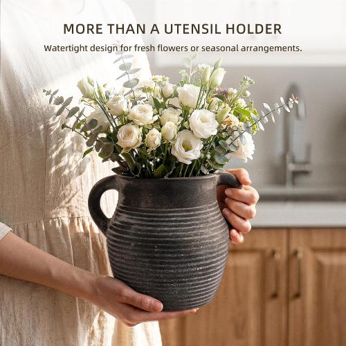 Rustic Utensil Holder for Kitchen Counter - Ceramic Farmhouse Cooking Utensil Crock & Organizer for Spatula, Spoon-Vintage Kitchen Decor (Charcoal)