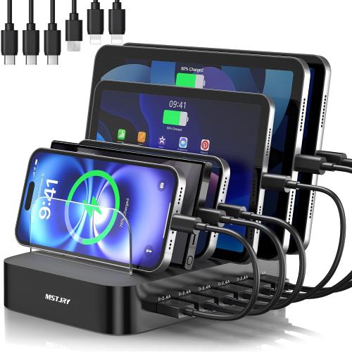 MSTJRY Charging Station for Multiple Devices : 6 Port USB Charger Stations - Family Multi-Device Organizer Charging Dock - Designed for iPhone iPad Android Cell Phone Tablet and Electronic, Black