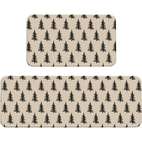 Black Cream Christmas Kitchen Mats Set of 2 Xmas Tree Print Winter Holiday Kitchen Rugs for Floor Home Decor Low-Profile Mats,17x29 and 17x47 Inch