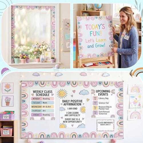 Tenceur 48 ft x 2.76 Inch Rainbow Magnetic Whiteboard Border,Happy Color