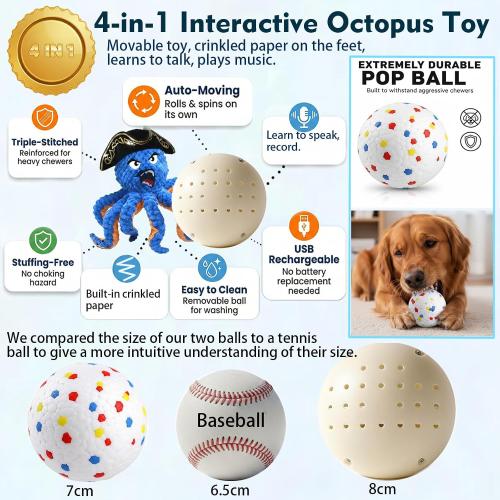 2026 Interactive Dog Toys, Self Moving Octopus Dog Toy Set with 2 Balls - Automatic Wobble Ball & Durable Chew Ball, 4-in-1 Squeaky Plush Enrichment Toy to Keep Them Busy for Medium Large Dogs