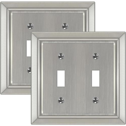 Metal Wall Plate for Electrical Outlets, Decorative Brushed Nickel Switch Plates Outlet Cover, Light Switch Cover Plate, 2-Gang Wall Plates (Double Toggle, 2 Pack)