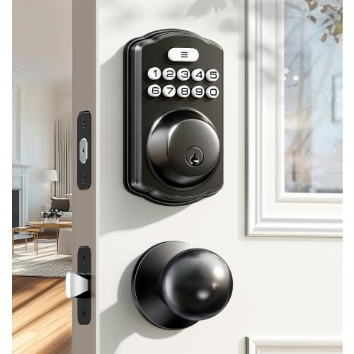Veise Keyless Entry Door Lock with 2 Knobs, Electronic Backlit Keypad Deadbolt with Handle Set, Auto Lock, One-time Codes, Smart Deadbolt for Front Door, Easy Installation, Matte Black