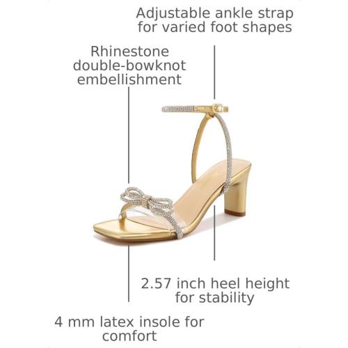 Size 11 Gold and Silver Athlefit Women's Rhinestone Bow Heels Clear Open Square Toe Block Heels Buckle Heeled Sandals for Party Wedding