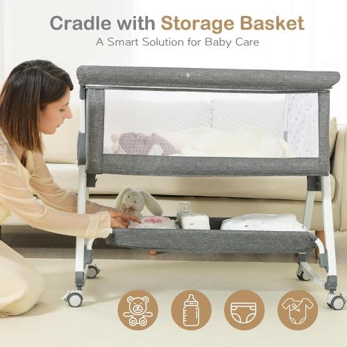 Baby Bassinet, Portable Bedside Bassinet, Twin-Friendly, 4-in-1 Bedside Crib with Waterproof Mattress, Adjustable Height & Locking Wheels for Newborns, Grey